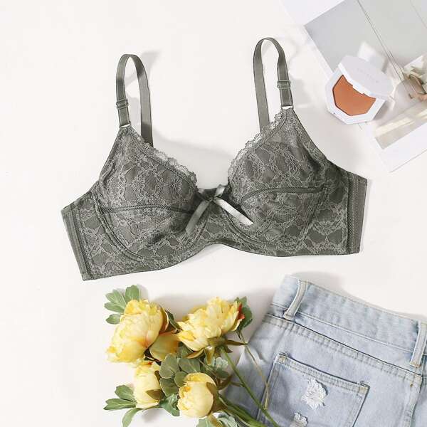 

Plus Floral Lace Underwire Bra, Army green