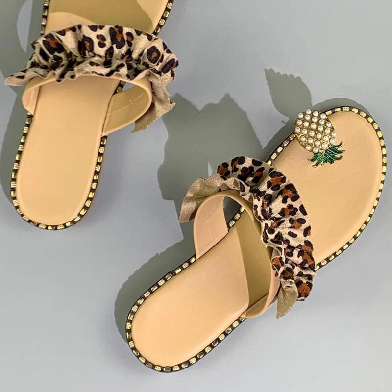 

Pineapple Toe Ring Leopard Strap Slide Sandals, Multicolor