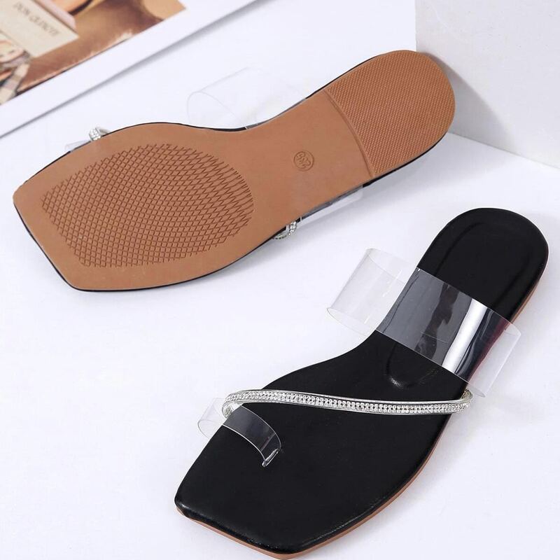 

Rhinestone Strap Clear Toe Ring Slide Sandals