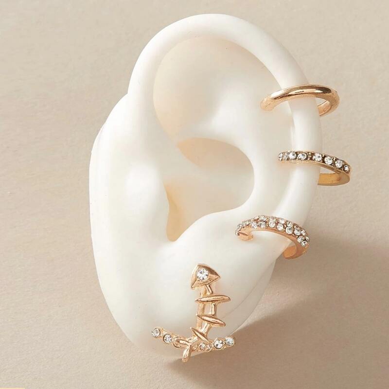 

4pcs Rhinestone Fish Bone Earring Set, Gold