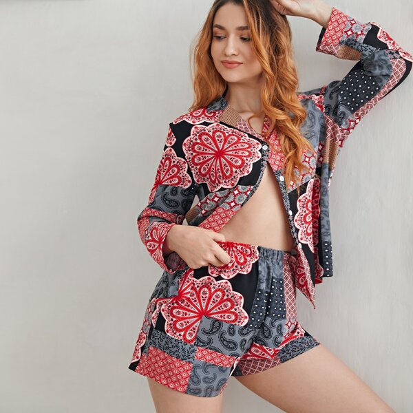 

Patchwork Print Lapel Collar Pajama Set, Multicolor