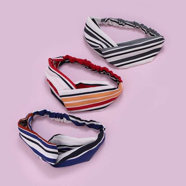 

3pcs Striped Print Hair Band, Multicolor