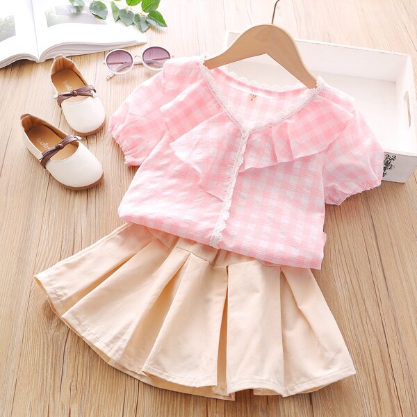 

Toddler Girls Plaid Lace Insert Ruffle Top With Pleated Skirt, Multicolor