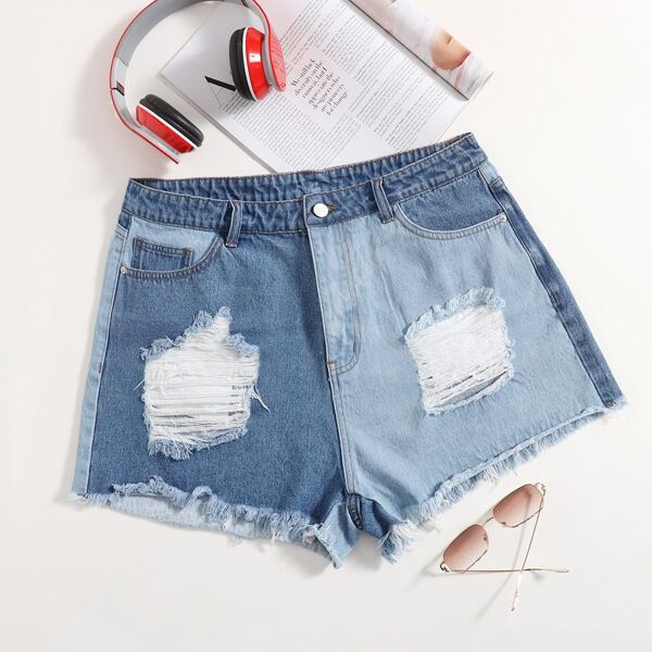 

Plus Ripped Raw Hem Denim Shorts, Multicolor