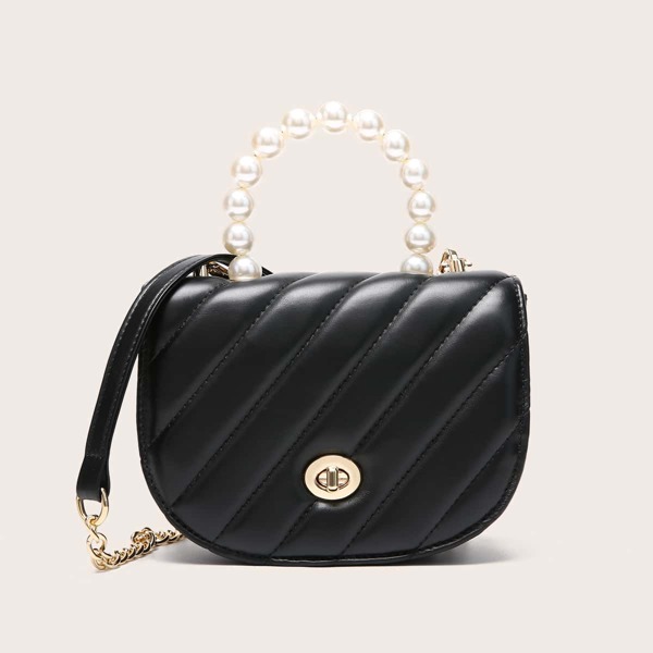 

Faux Pearl Decor Turn-lock Saddle Bag, Black