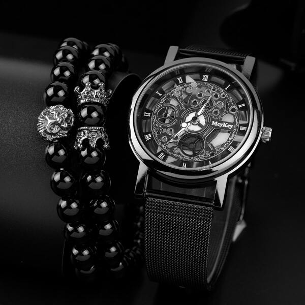 

1pc Men Transparent Dial Mesh Strap Watch & 2pcs Bracelet