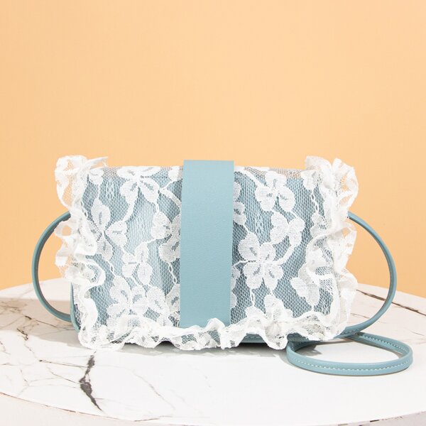 

Ruffle Trim Floral Lace Crossbody Bag, Blue