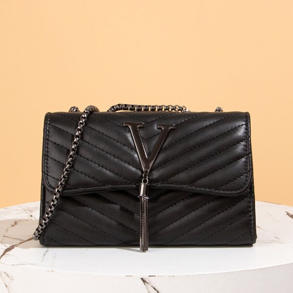 

Tassel Decor Chevron Shoulder Bag, Black