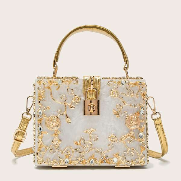 

Rhinestone Decor Turn-lock Box Bag, White