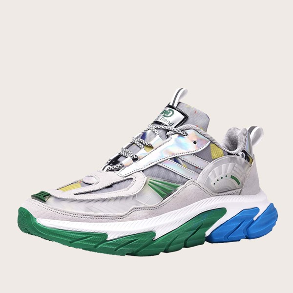

Men Holographic Panel Lace-Up Sneakers, Grey