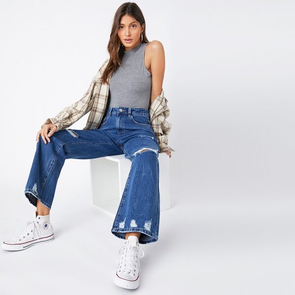 

90s vintage High-Waist Denim Straight Boyfriend Jeans, Medium wash