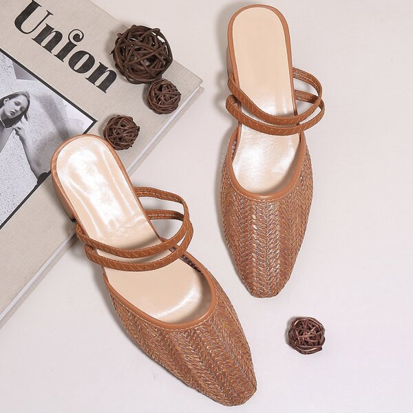 

Woven Design Chunky Heeled Mule Heels, Brown