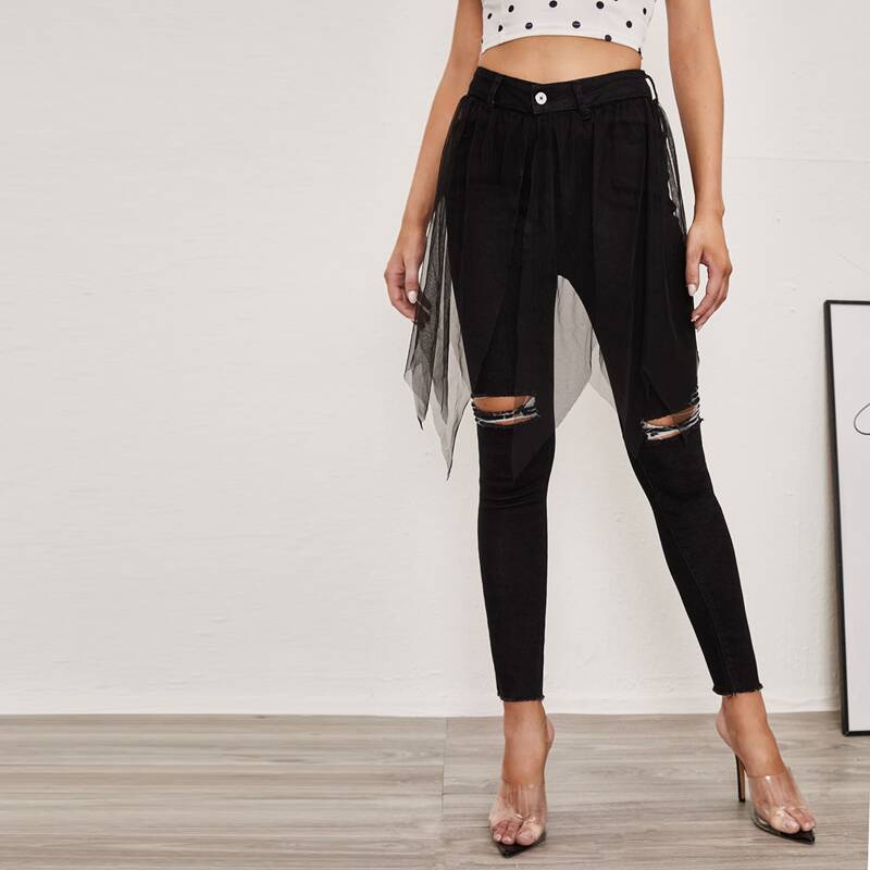 

Ripped Contrast Mesh Jeans, Black