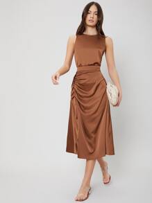 MOTF PREMIUM RELAXED FIT TOP & GATHERED SKIRT SET - Coffee Brown - View 3