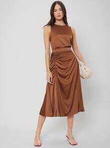 MOTF PREMIUM RELAXED FIT TOP & GATHERED SKIRT SET - Coffee Brown - View 4