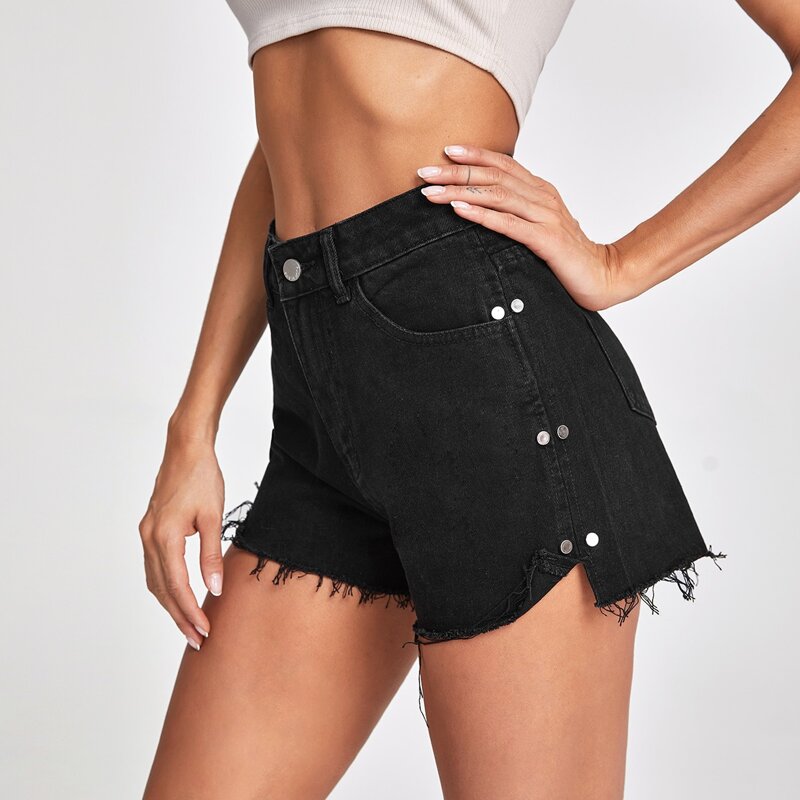 

Raw Hem High Waisted Denim Shorts, Black
