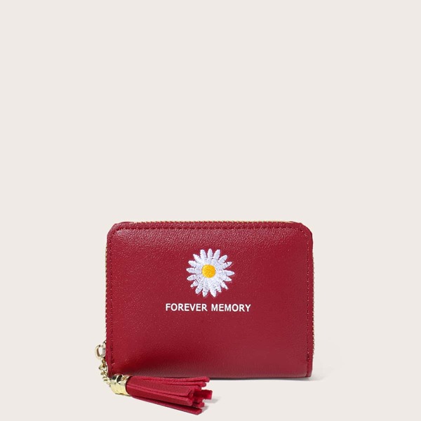 

Tassel Decor Daisy Embroidered Small Purse, Red