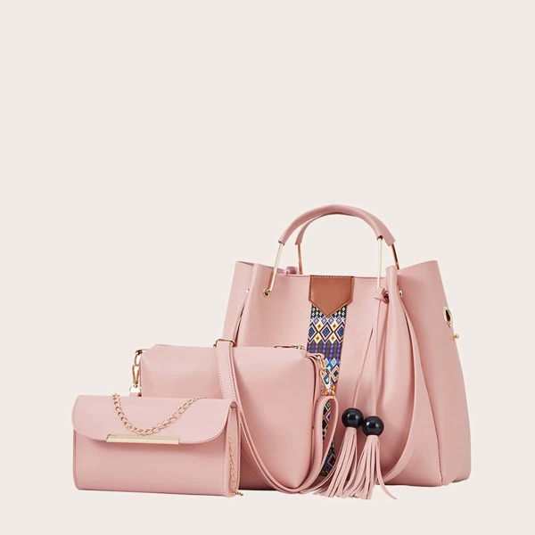 

3pcs Tassel Decor Tote Bag Set, Pink