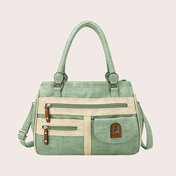 

Double Zip Front Large Capacity Tote Bag, Green