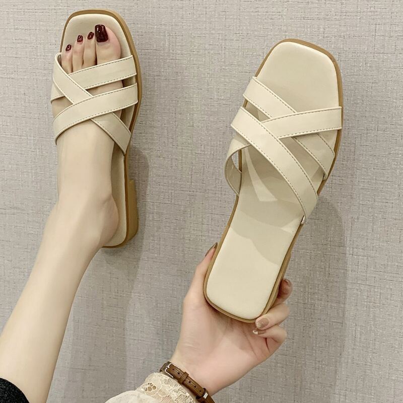 

Criss Cross Strap Slide Sandals, Beige