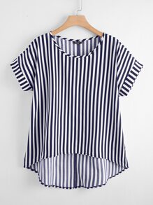 SHEIN LUNE Plus Striped Print High Low Hem Blouse - Blue and White - View 1