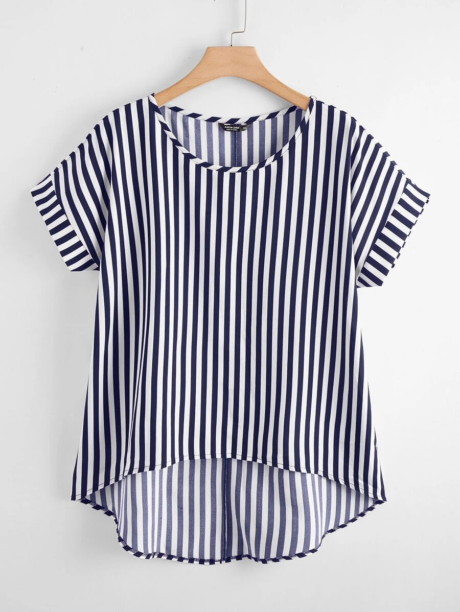 SHEIN LUNE Plus Striped Print High Low Hem Blouse - Blue and White - View 1
