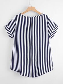 SHEIN LUNE Plus Striped Print High Low Hem Blouse - Blue and White - View 2