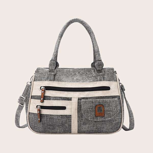 

Double Zip Front Large Capacity Tote Bag, Grey