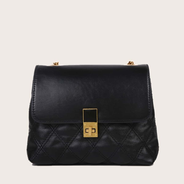 

Quilted Twist Lock Flap Chain Bag, Black