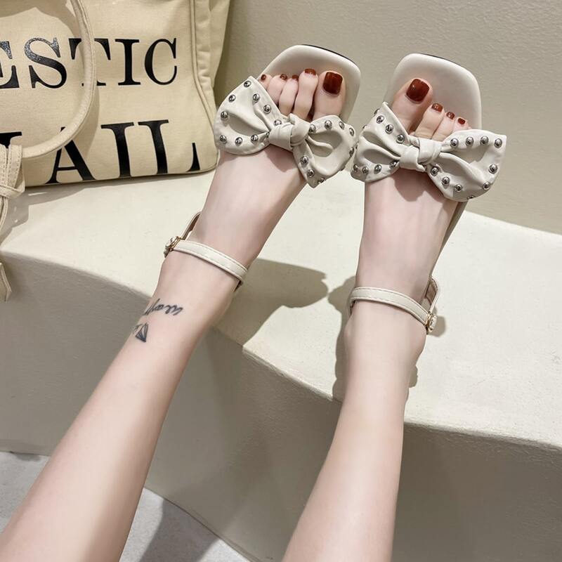 

Studded Bow Ankle Strap Sandals, Beige