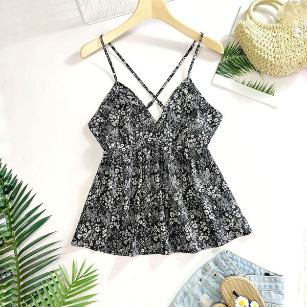 

Plus Ditsy Floral Crisscross Back Cami Top, Black and white
