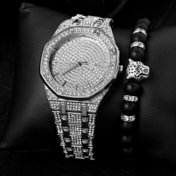 

1pc Men Rhinestone Decor Pointer Watch & 1pc Bracelet