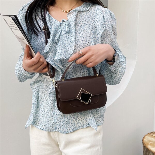 

Metal Decor Flap Satchel Bag, Coffee brown
