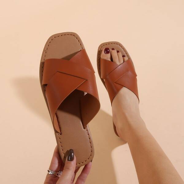 

Minimalist Cross Strap Slide Sandals, Brown