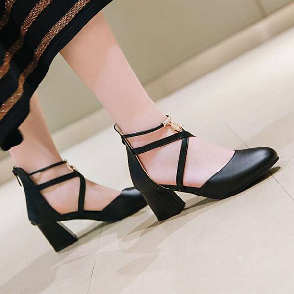 

Back Zipper Cross Strap Mid Heeled Pumps, Black