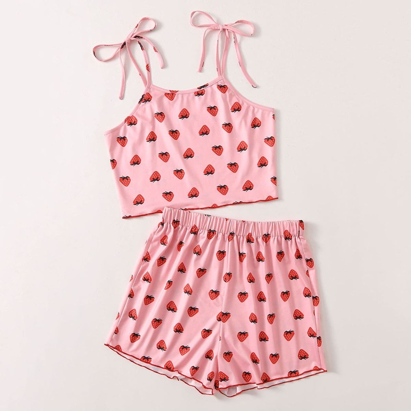 

Strawberry Print Tie Shoulder Cami & Shorts, Pink