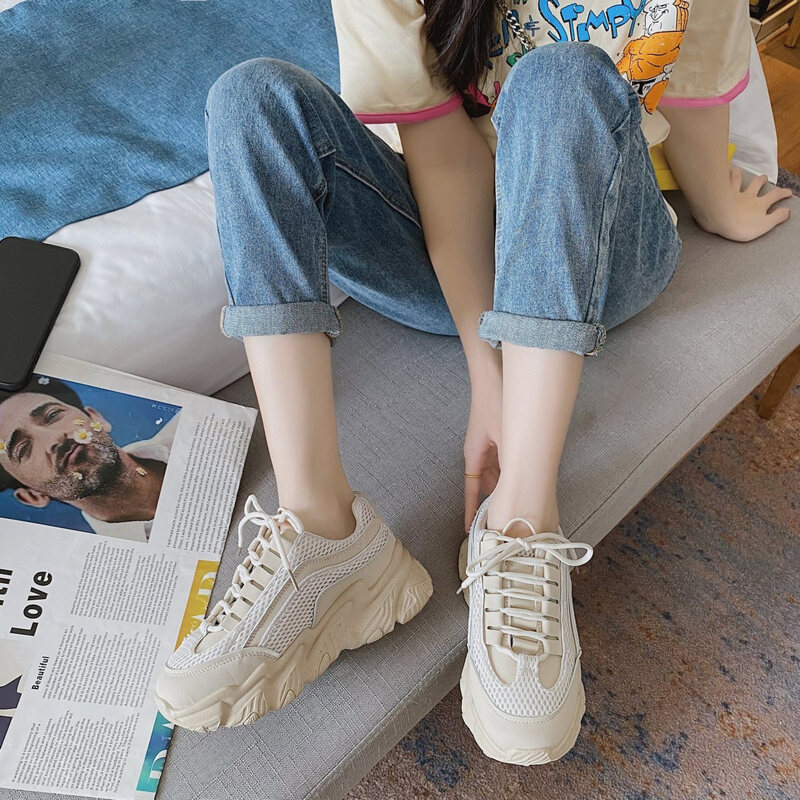

Lace-up Mesh Chunky Sneakers, Beige