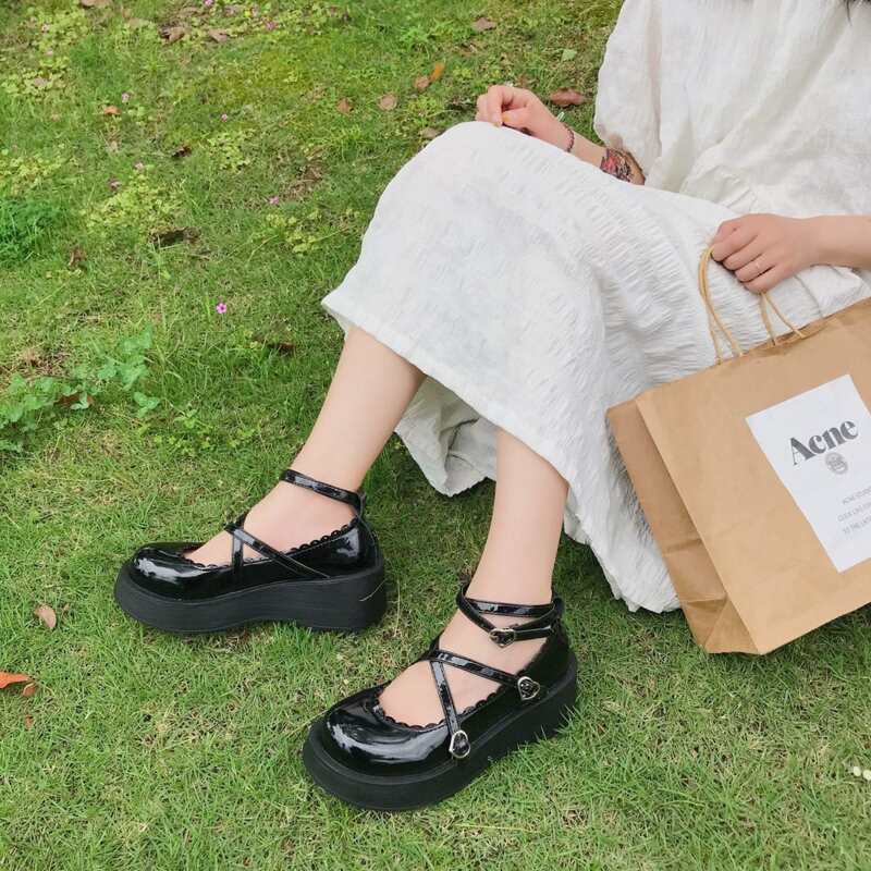 

Heart Buckle Ankle Strap Mary Jane Wedges, Black