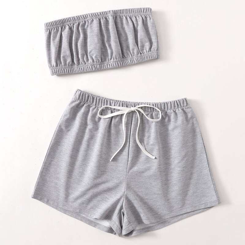 

Solid Crop Tube Top & Drawstring Shorts, Light grey