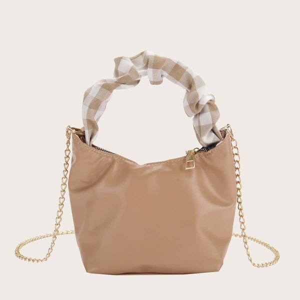 

Ruched Handle Chain Bucket Bag, Khaki