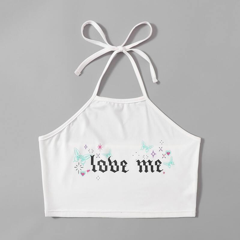 

Letter Butterfly Graphic Halter Top, White