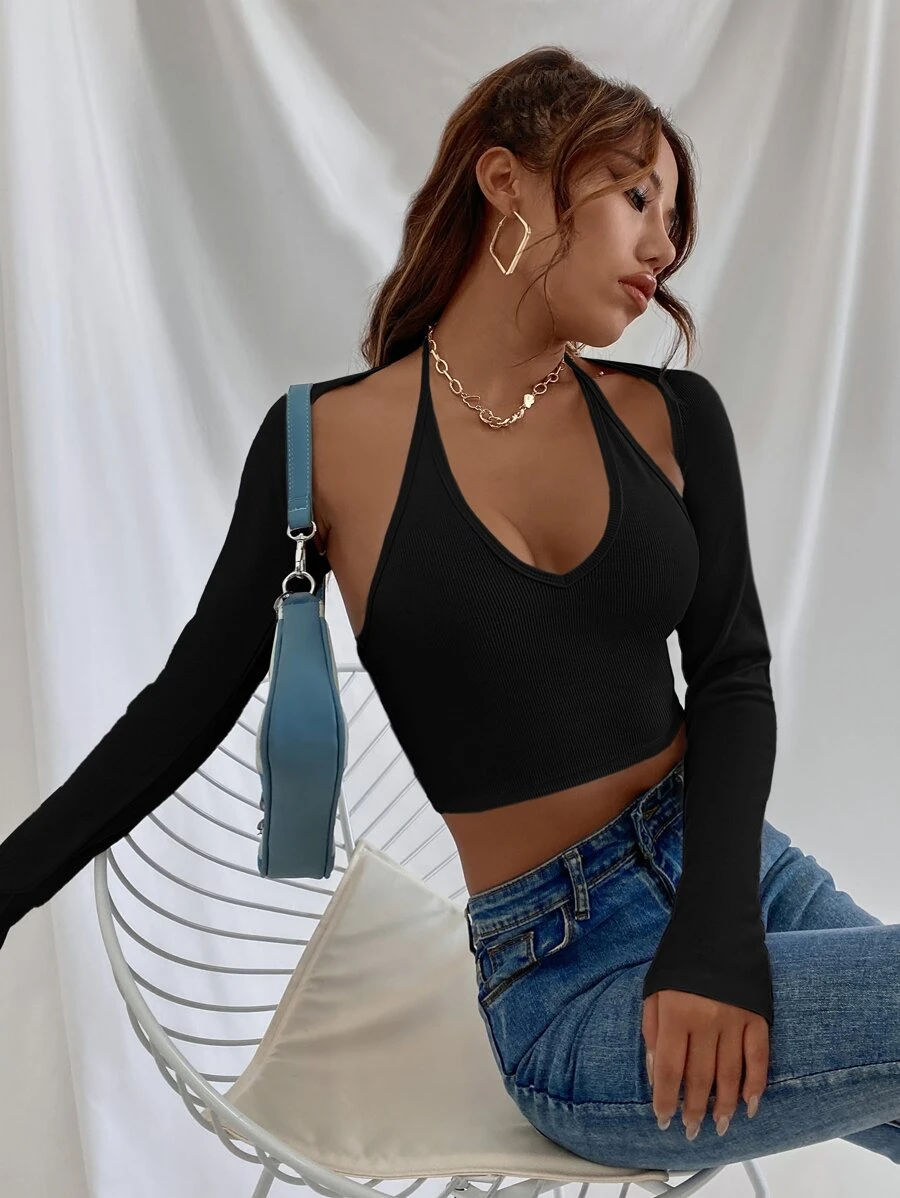 SHEIN EZwear Tie Back Halter Top & Long Sleeve Shrug - Black - View 1