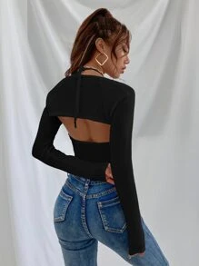 SHEIN EZwear Tie Back Halter Top & Long Sleeve Shrug - Black - View 2
