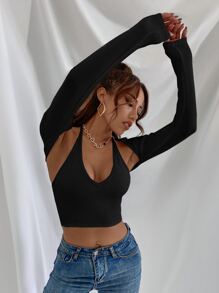 SHEIN EZwear Tie Back Halter Top & Long Sleeve Shrug - Black - View 3