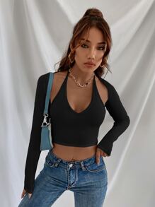 SHEIN EZwear Tie Back Halter Top & Long Sleeve Shrug - Black - View 5