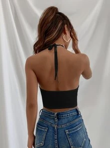 SHEIN EZwear Tie Back Halter Top & Long Sleeve Shrug - Black - View 6