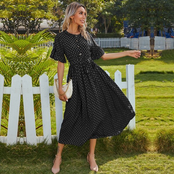 

Half Button Polka Dot Belted Dress, Black