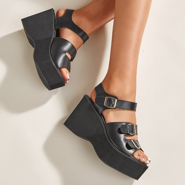 

Buckle Decor Wedge Sandals, Black