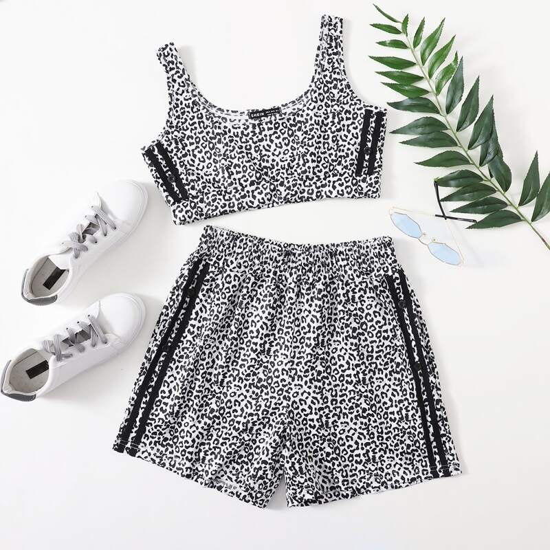 

Side Striped Allover Print Tank Top & Track Shorts, Black and white