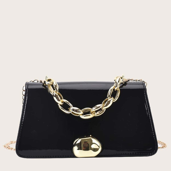 

Metal Decor Flap Chain Satchel Bag, Black